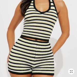 Striped Knit Halter Crop Top & Matching Shorts Set - Black, White & Lime Green